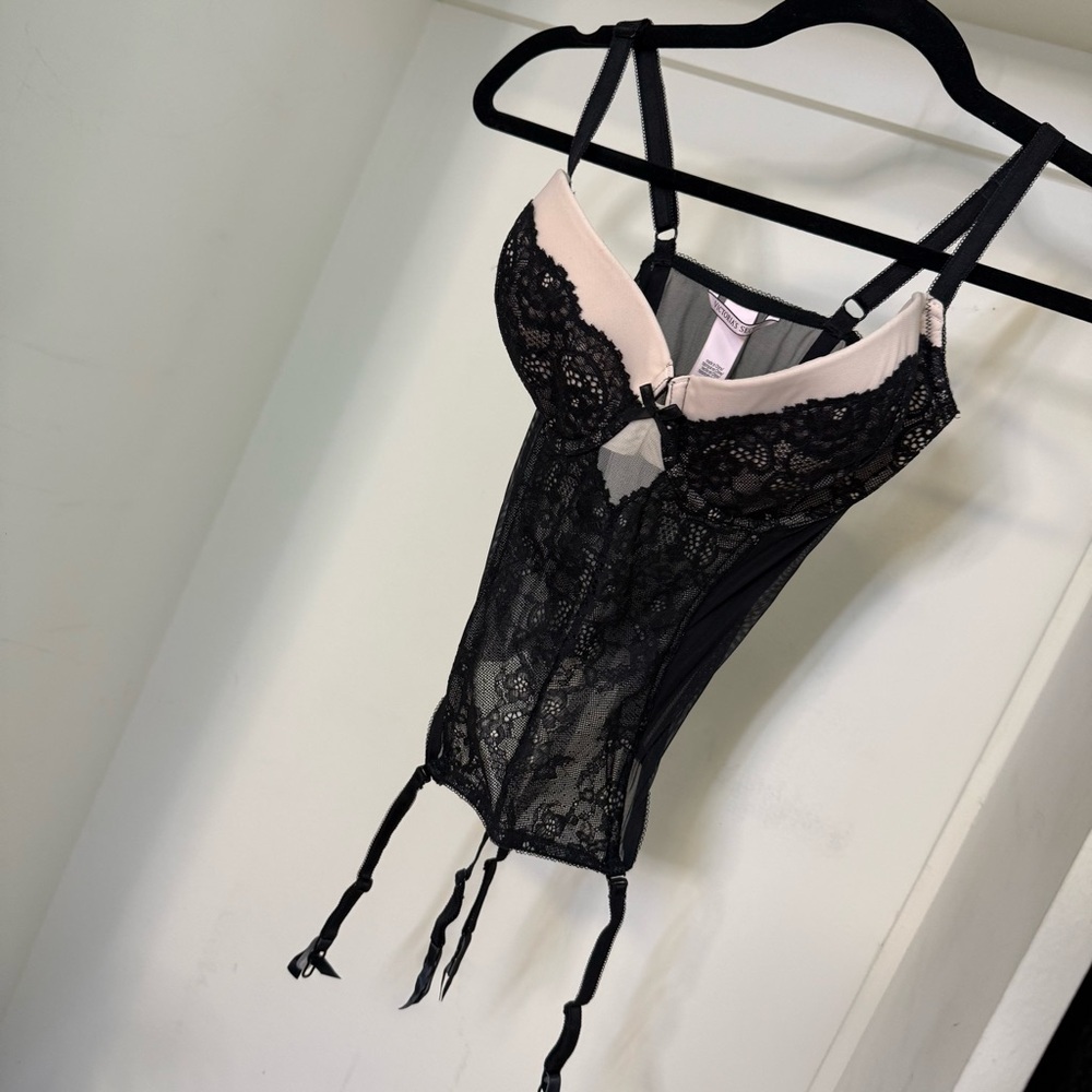 Victoria's Secret Black and Cream Corset with Garter Straps